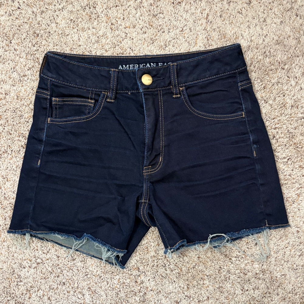 American Eagle Hi-Rise Shortie Dark Wash Denim Cutoff Shorts Womens 6 Indigo
